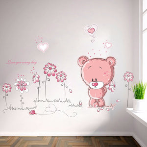 cartoon cute pink lanimal bear flower decor wall stickers