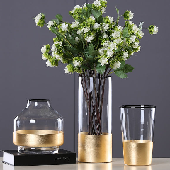 Glass Flower Vase with Gold Foil Figurines Living Room Decor